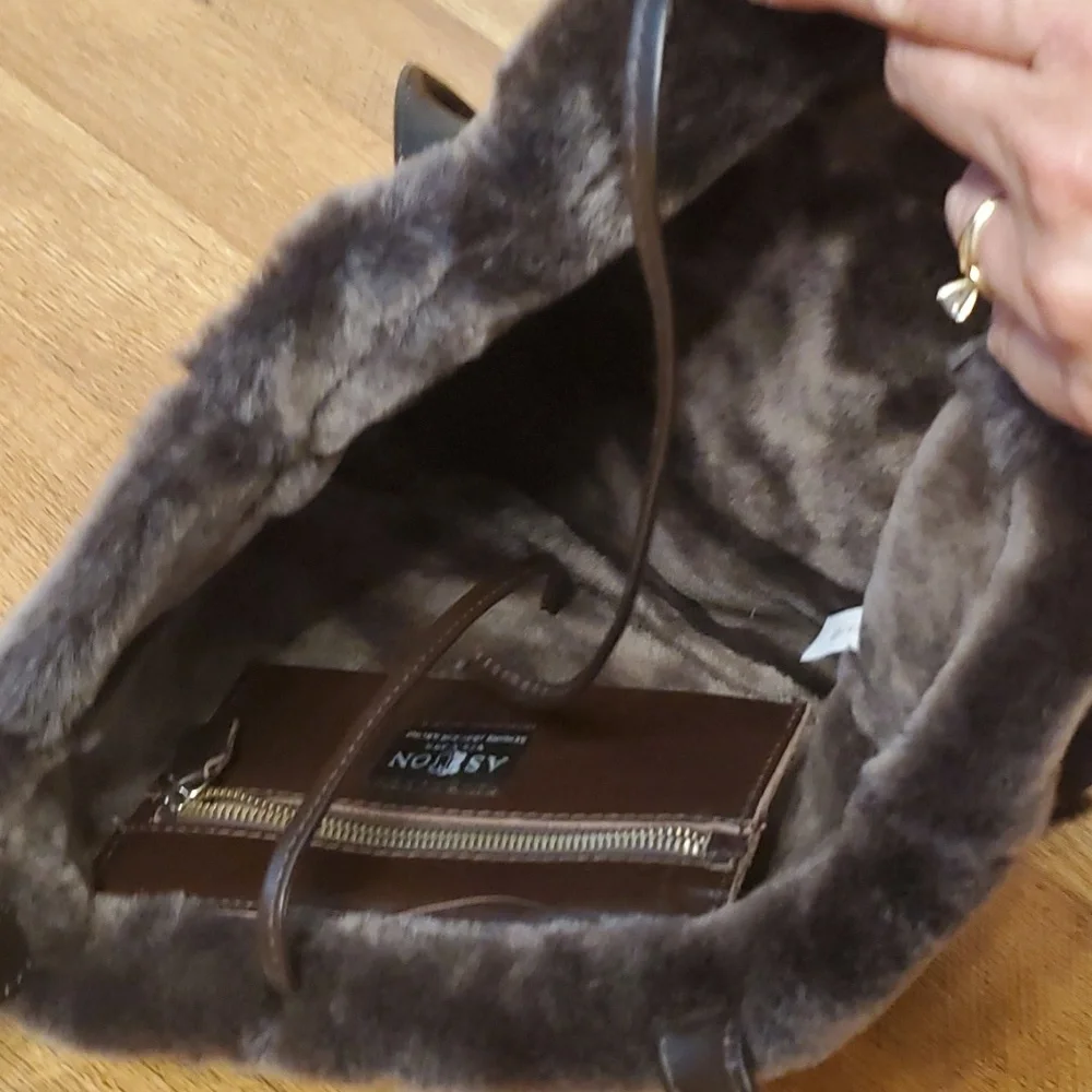 Aston New York Brown Leather Shearling Plush Tote Bag Shoulder‎ Purse